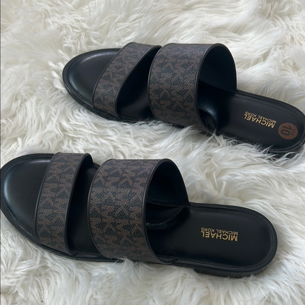 Michael Kors Black and Brown Sandals with Wide Textured Straps
